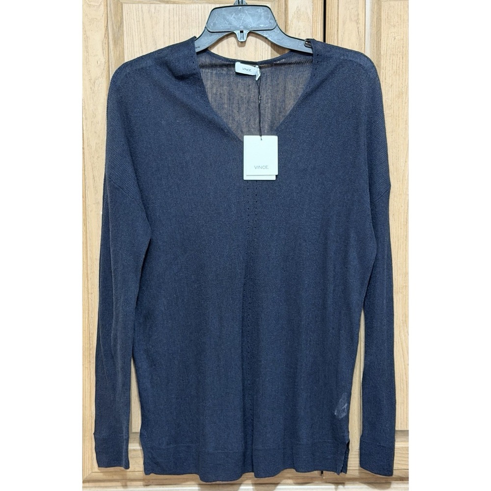 Vince Linen Blend Blouse Top Pullover Sweater Women XS‎ Long Sleeve Coastal Blue